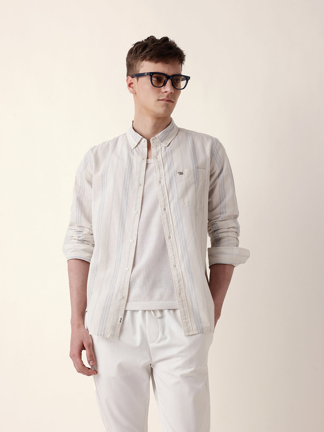 Off White with Blue Woven Vertical Stripes Slim Fit Casual Shirt