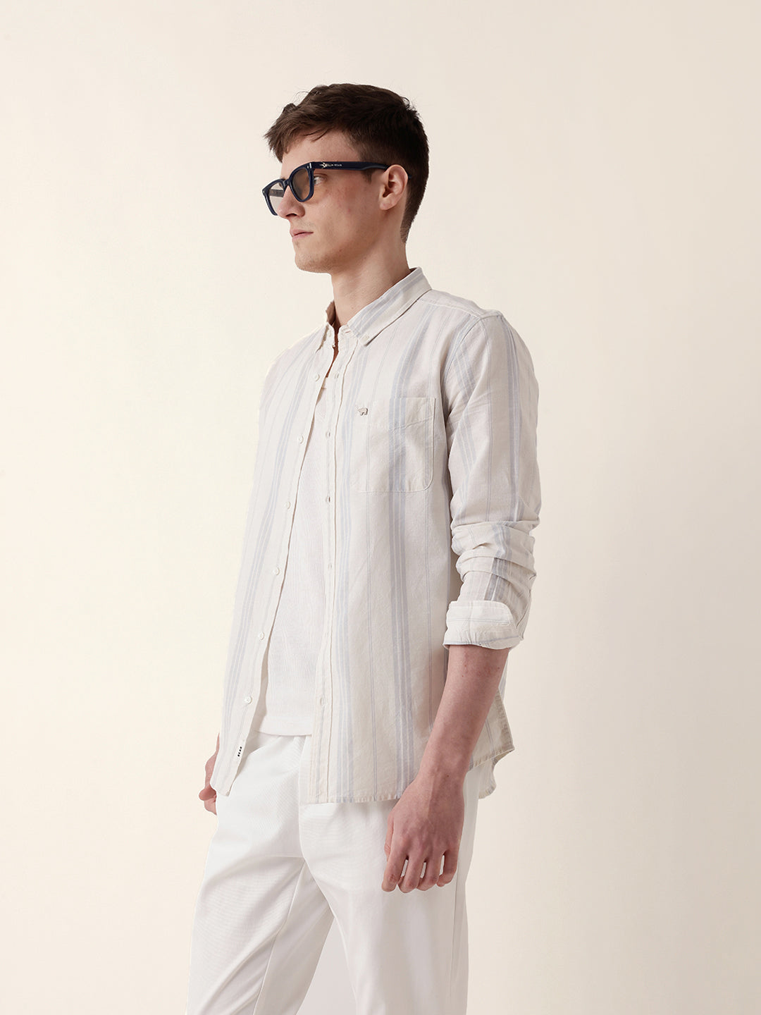 Off White with Blue Woven Vertical Stripes Slim Fit Casual Shirt