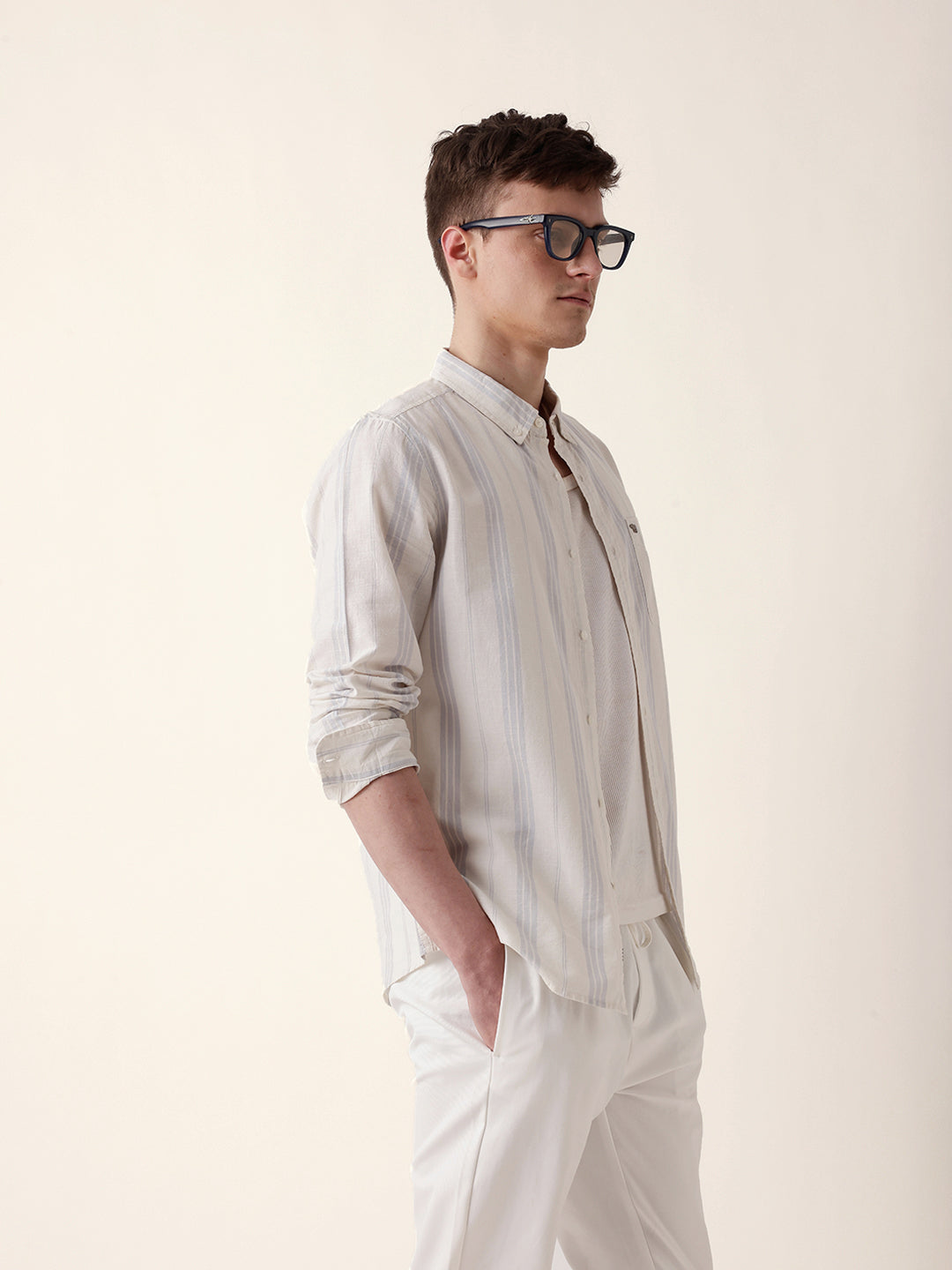Off White with Blue Woven Vertical Stripes Slim Fit Casual Shirt