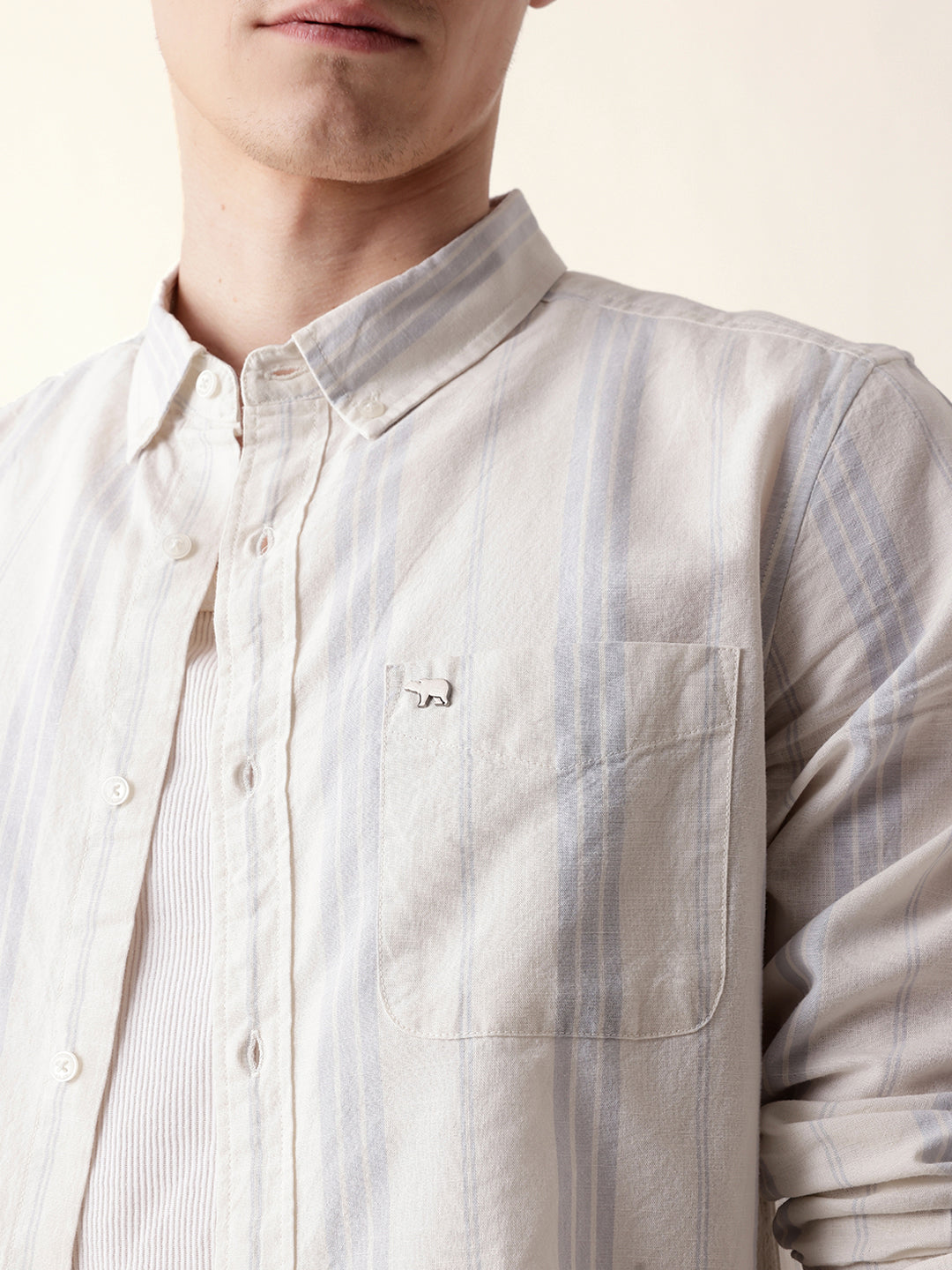 Off White with Blue Woven Vertical Stripes Slim Fit Casual Shirt
