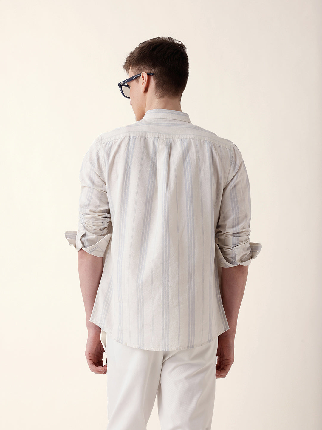 Off White with Blue Woven Vertical Stripes Slim Fit Casual Shirt
