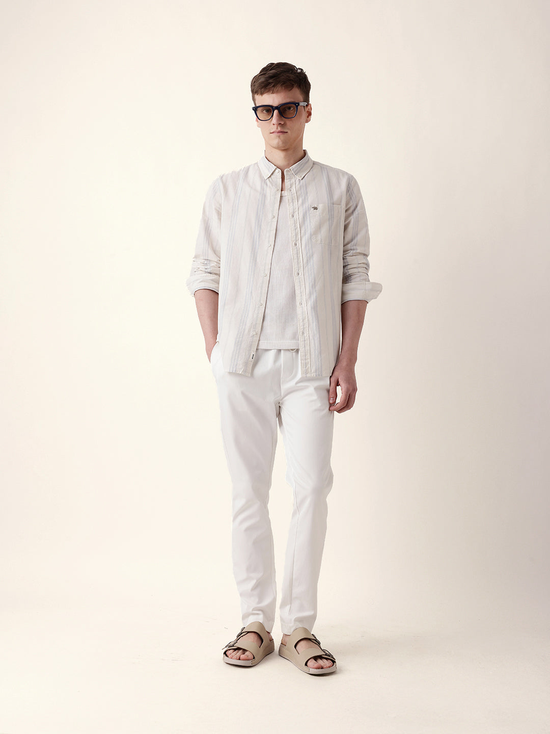 Off White with Blue Woven Vertical Stripes Slim Fit Casual Shirt
