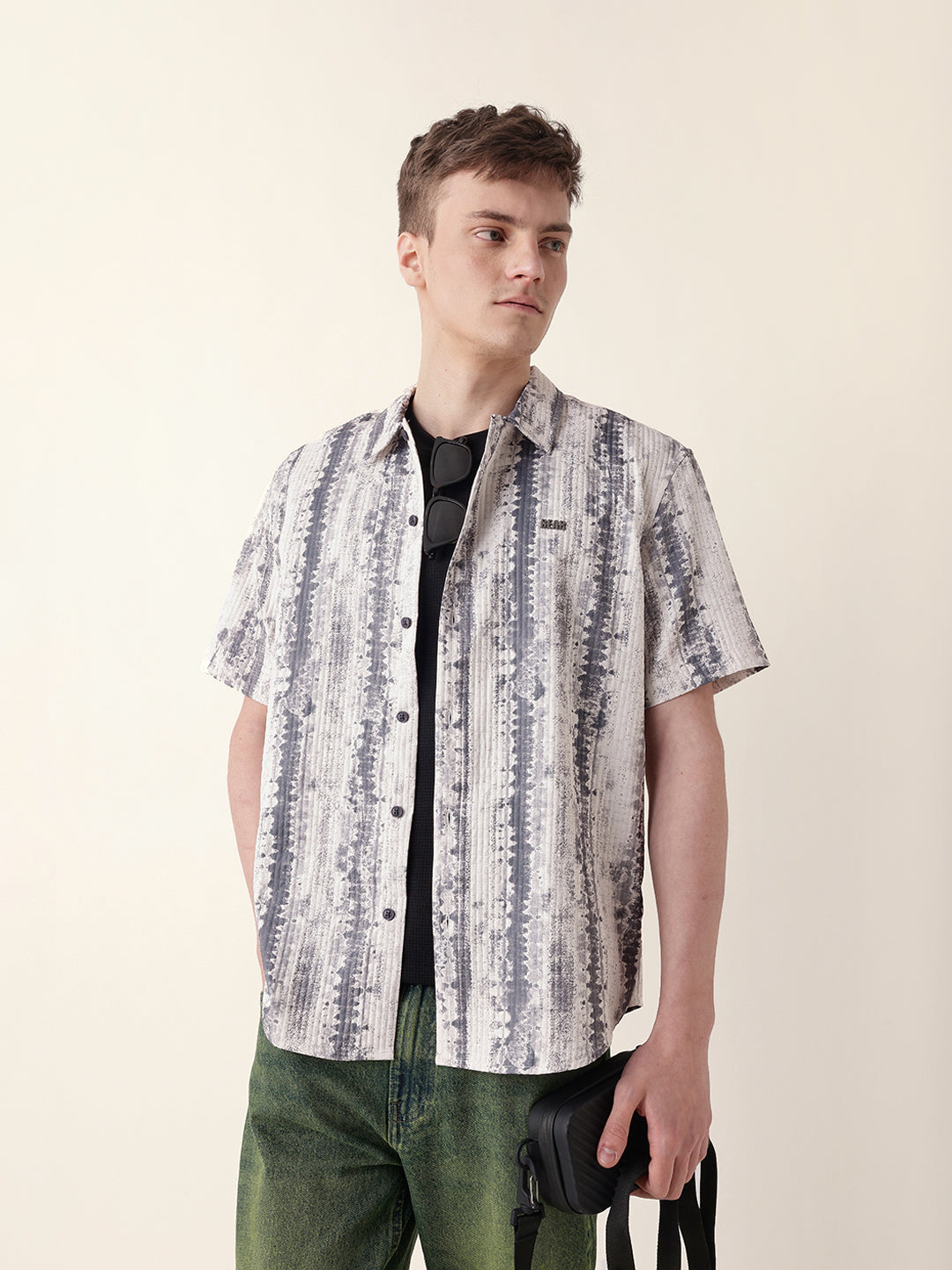 Beige & Grey Abstract Textured Printed Relaxed Fit Casual Shirt