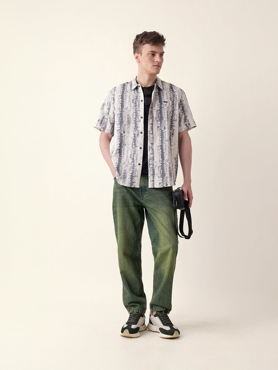 Beige & Grey Abstract Textured Printed Relaxed Fit Casual Shirt