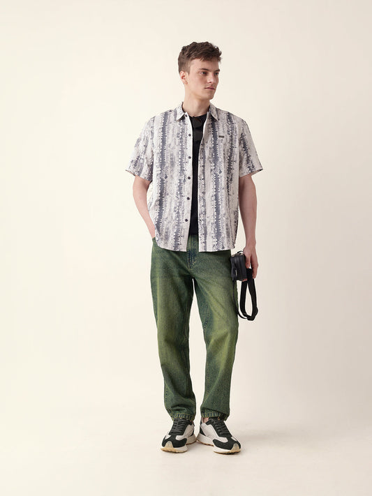 Beige & Grey Abstract Textured Printed Relaxed Fit Casual Shirt