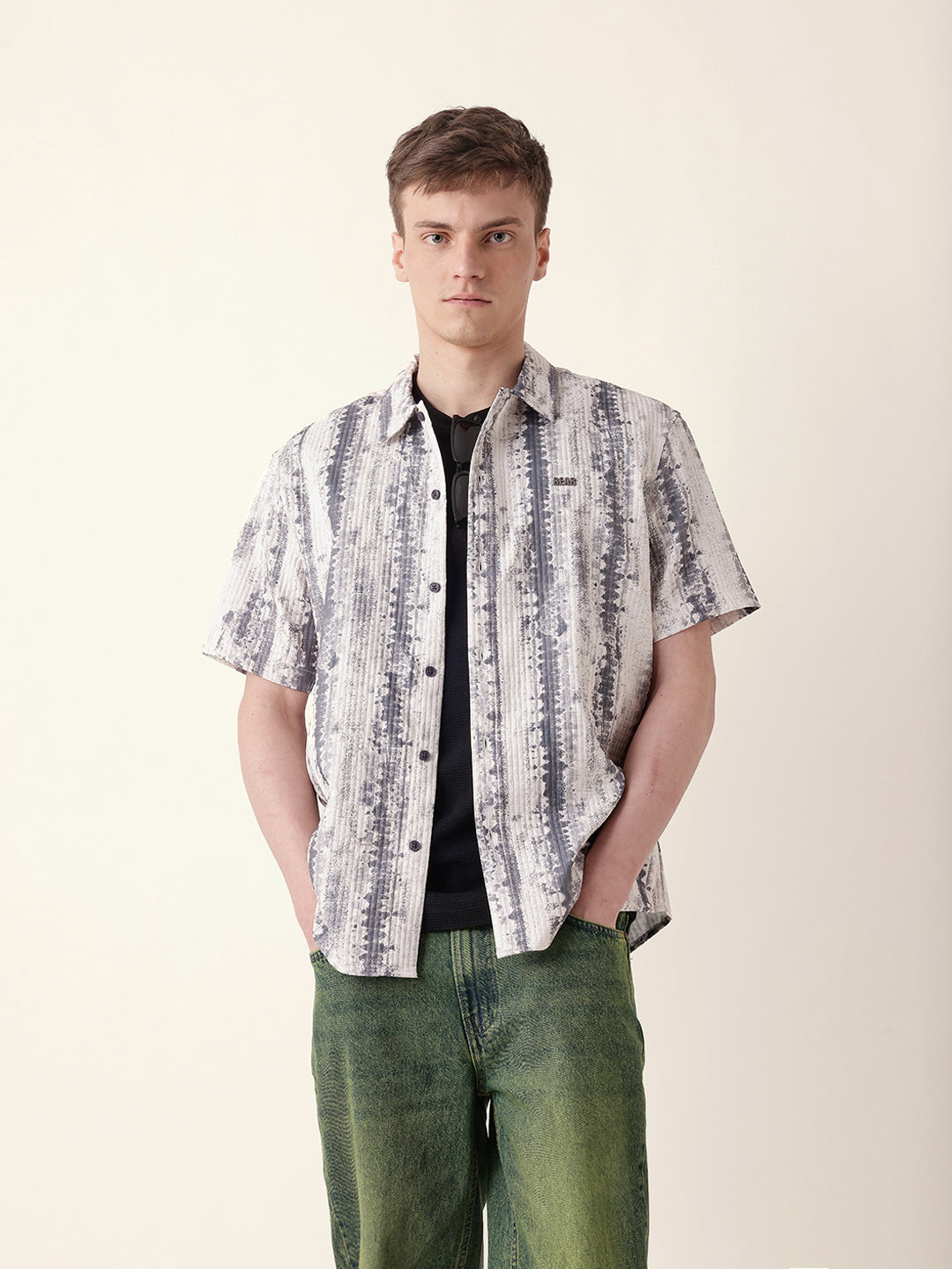 Beige & Grey Abstract Textured Printed Relaxed Fit Casual Shirt