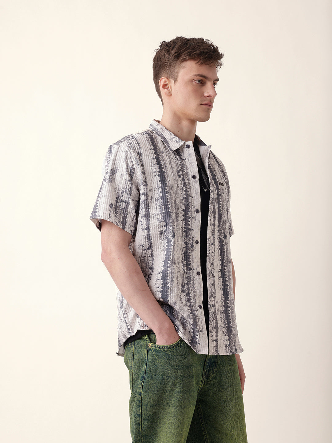 Beige & Grey Abstract Textured Printed Relaxed Fit Casual Shirt
