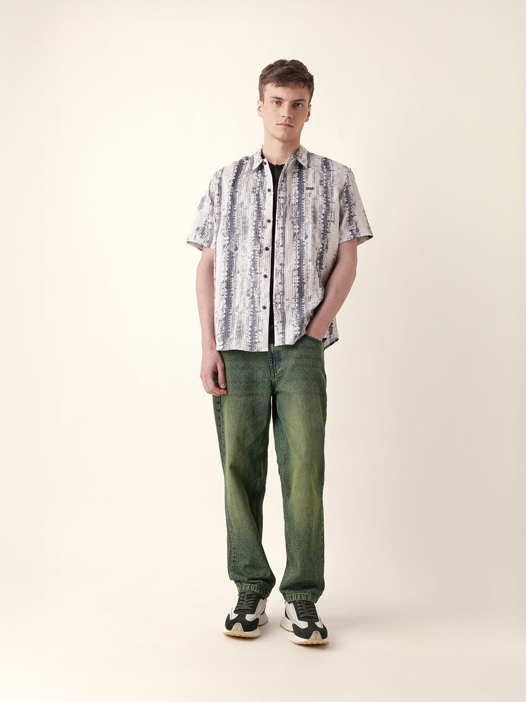 Beige & Grey Abstract Textured Printed Relaxed Fit Casual Shirt