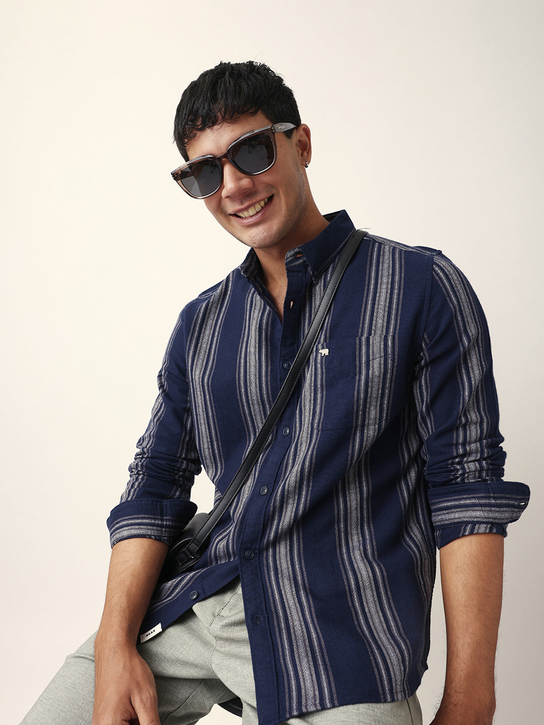Blue Vertical Woven Stripe Slim Fit Casual Shirt