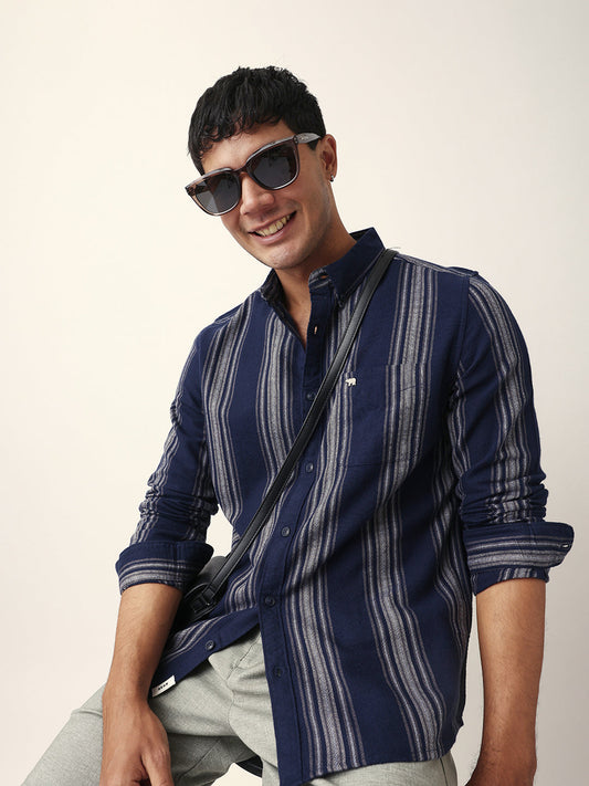 Blue Vertical Woven Stripe Slim Fit Casual Shirt