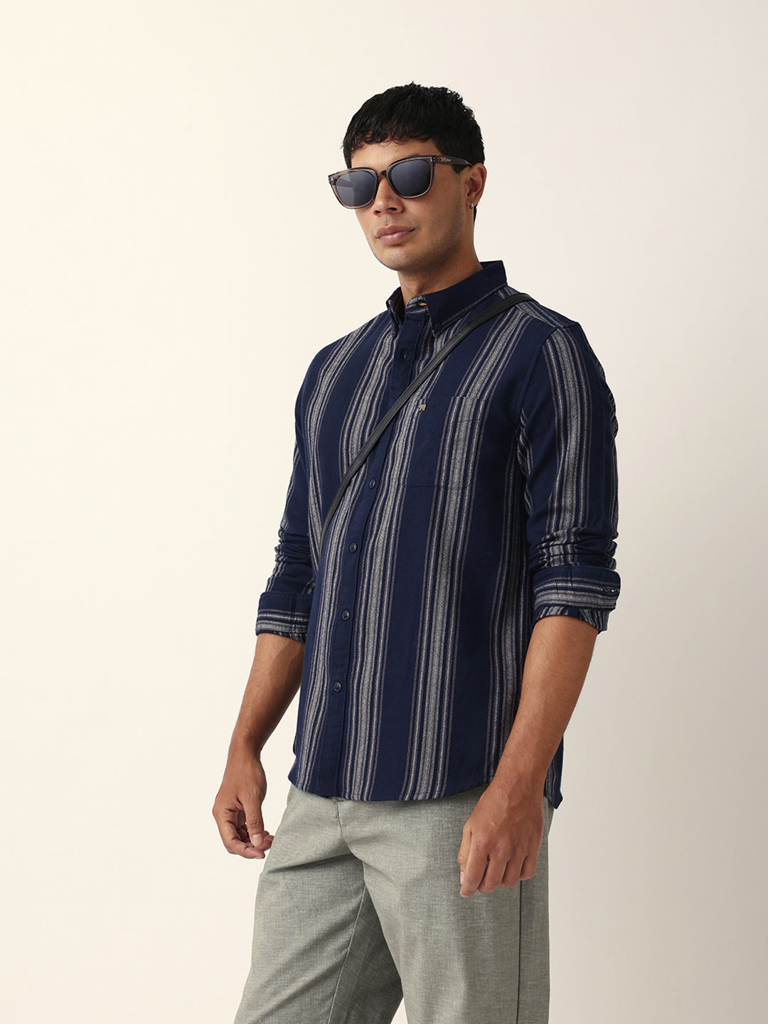 Blue Vertical Woven Stripe Slim Fit Casual Shirt