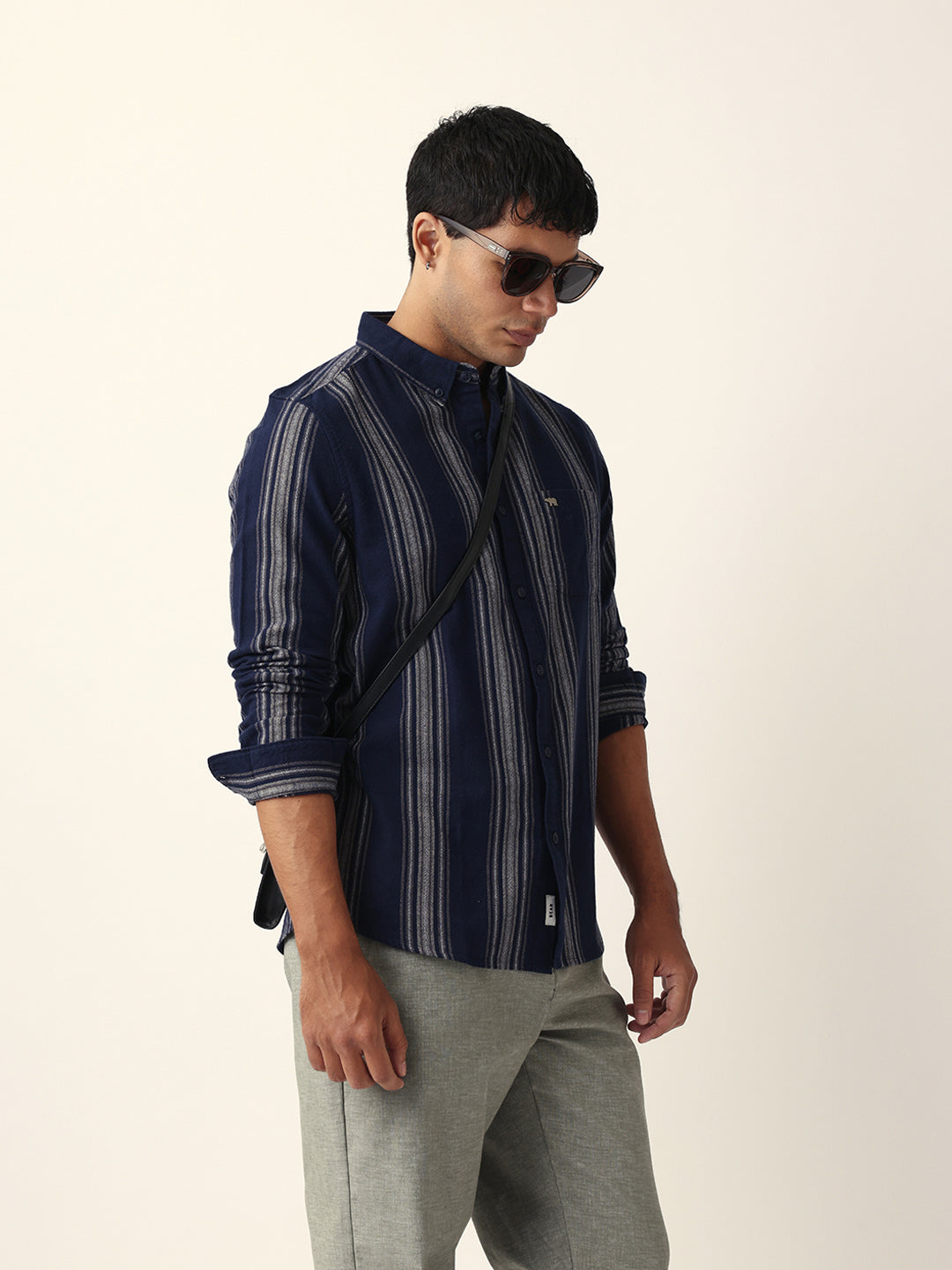 Blue Vertical Woven Stripe Slim Fit Casual Shirt