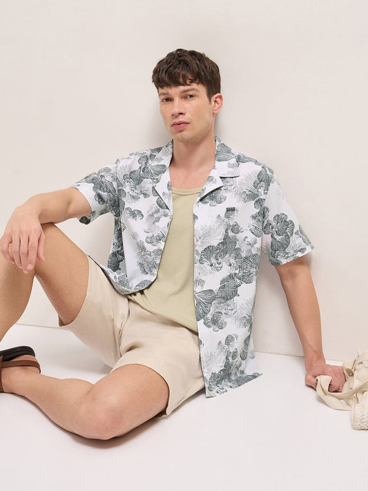 White Tropical Floral Print Relaxed Fit Cuban Collar Shirt