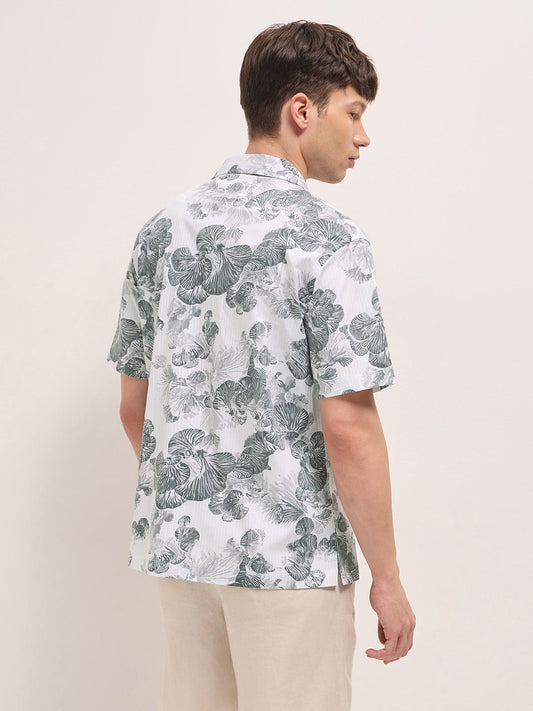 White Tropical Floral Print Relaxed Fit Cuban Collar Shirt