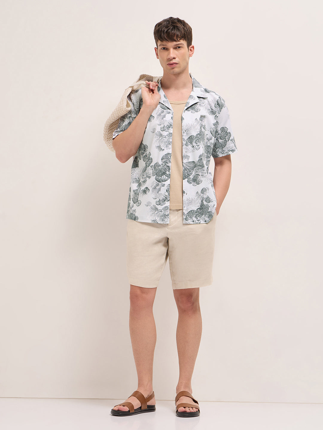 White Tropical Floral Print Relaxed Fit Cuban Collar Shirt