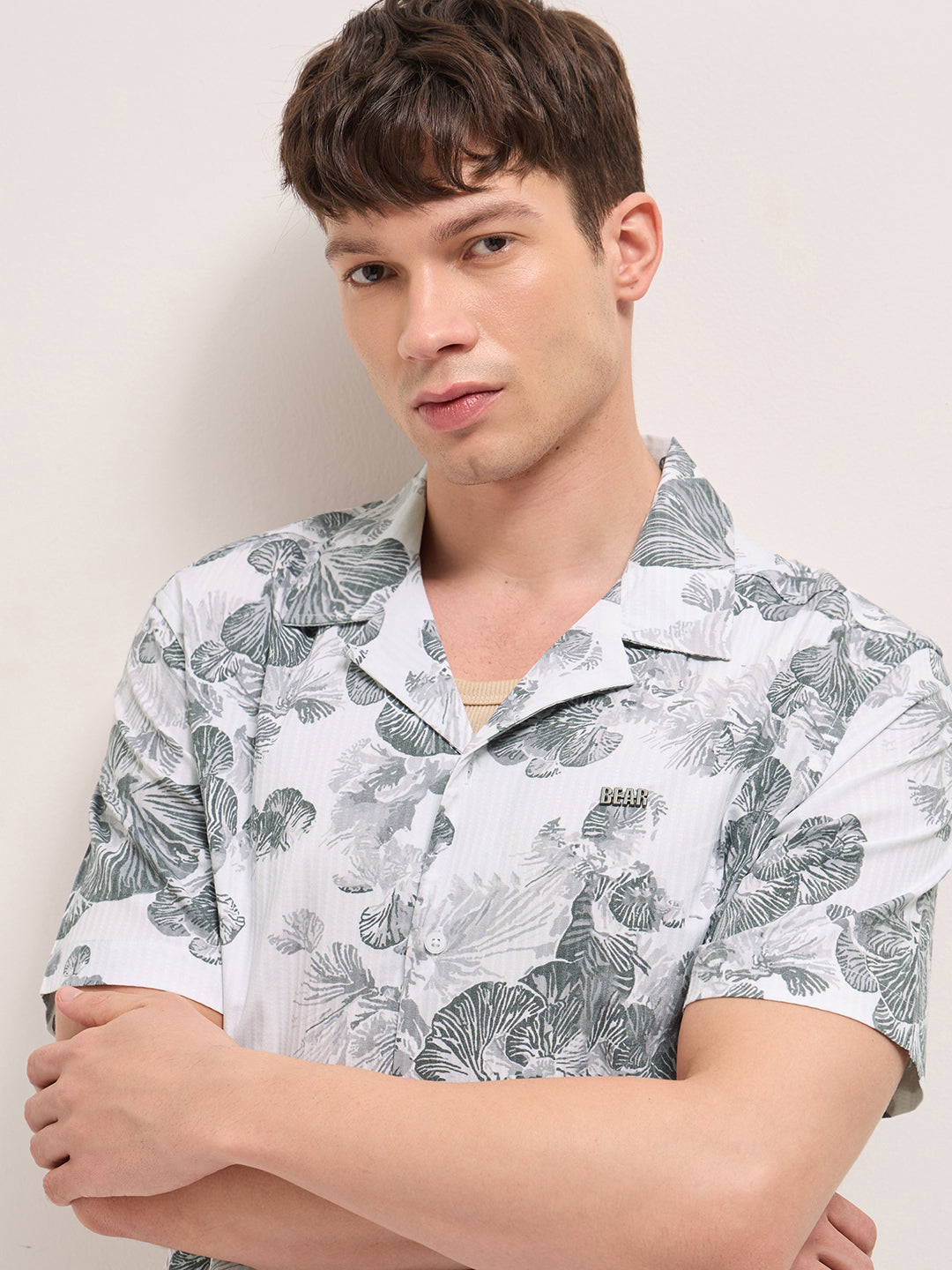 White Tropical Floral Print Relaxed Fit Cuban Collar Shirt