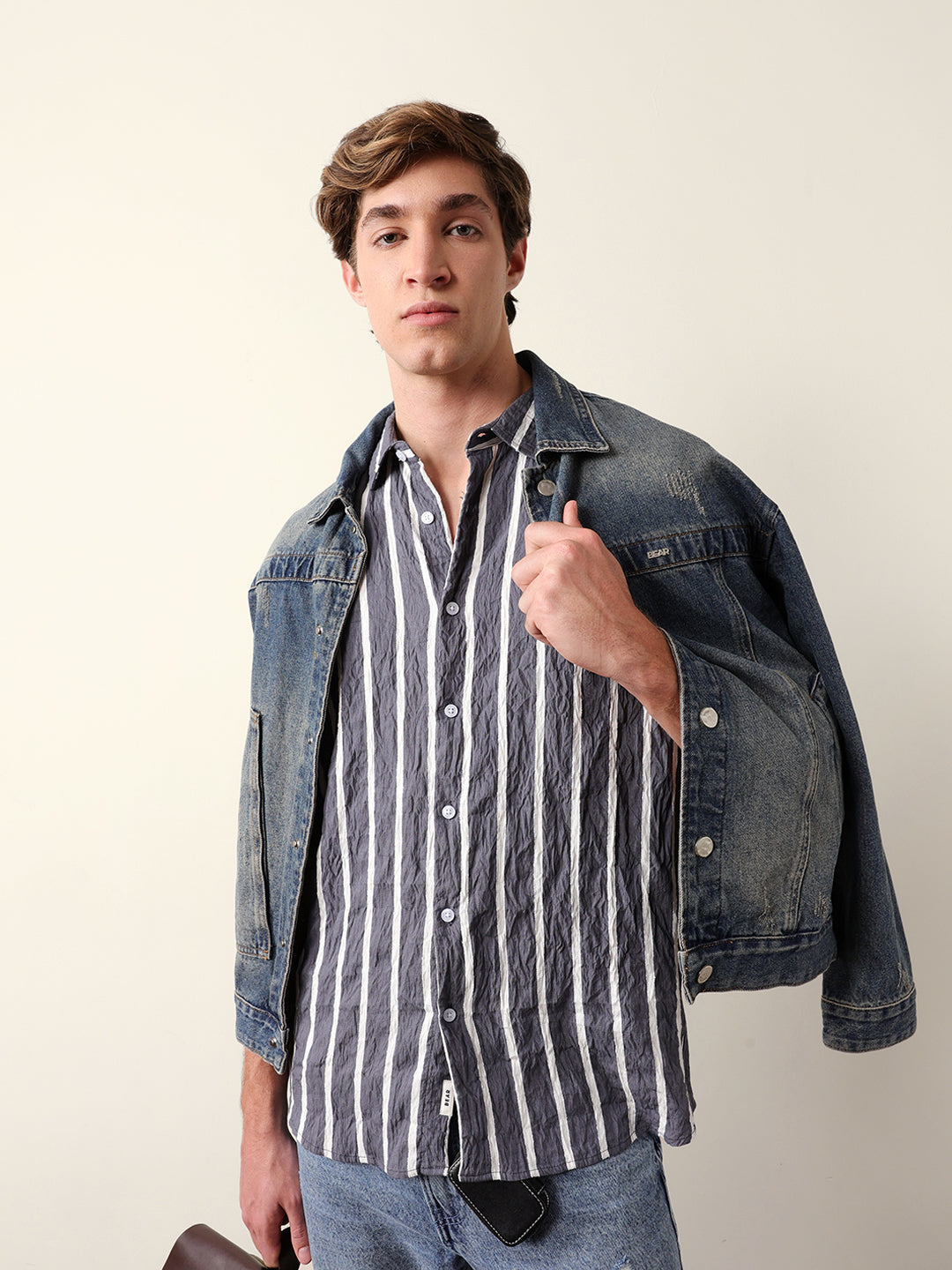 Grey Vertical Stripe Regular Fit Casual Shirt