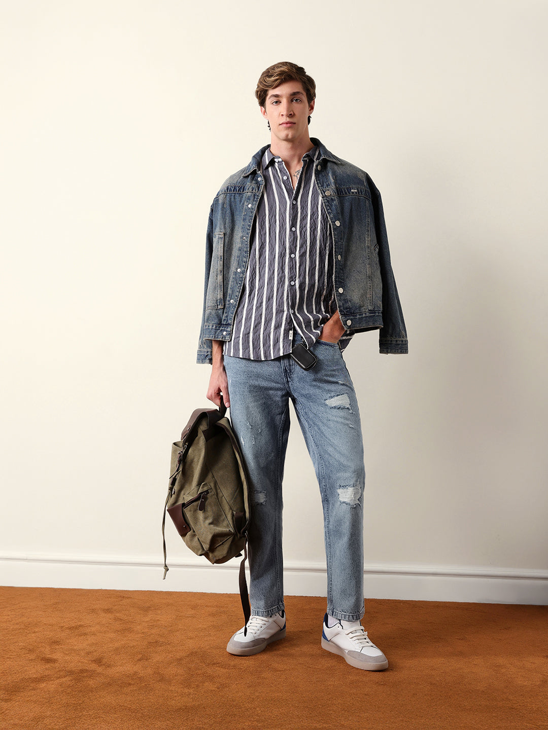 Grey Vertical Stripe Regular Fit Casual Shirt