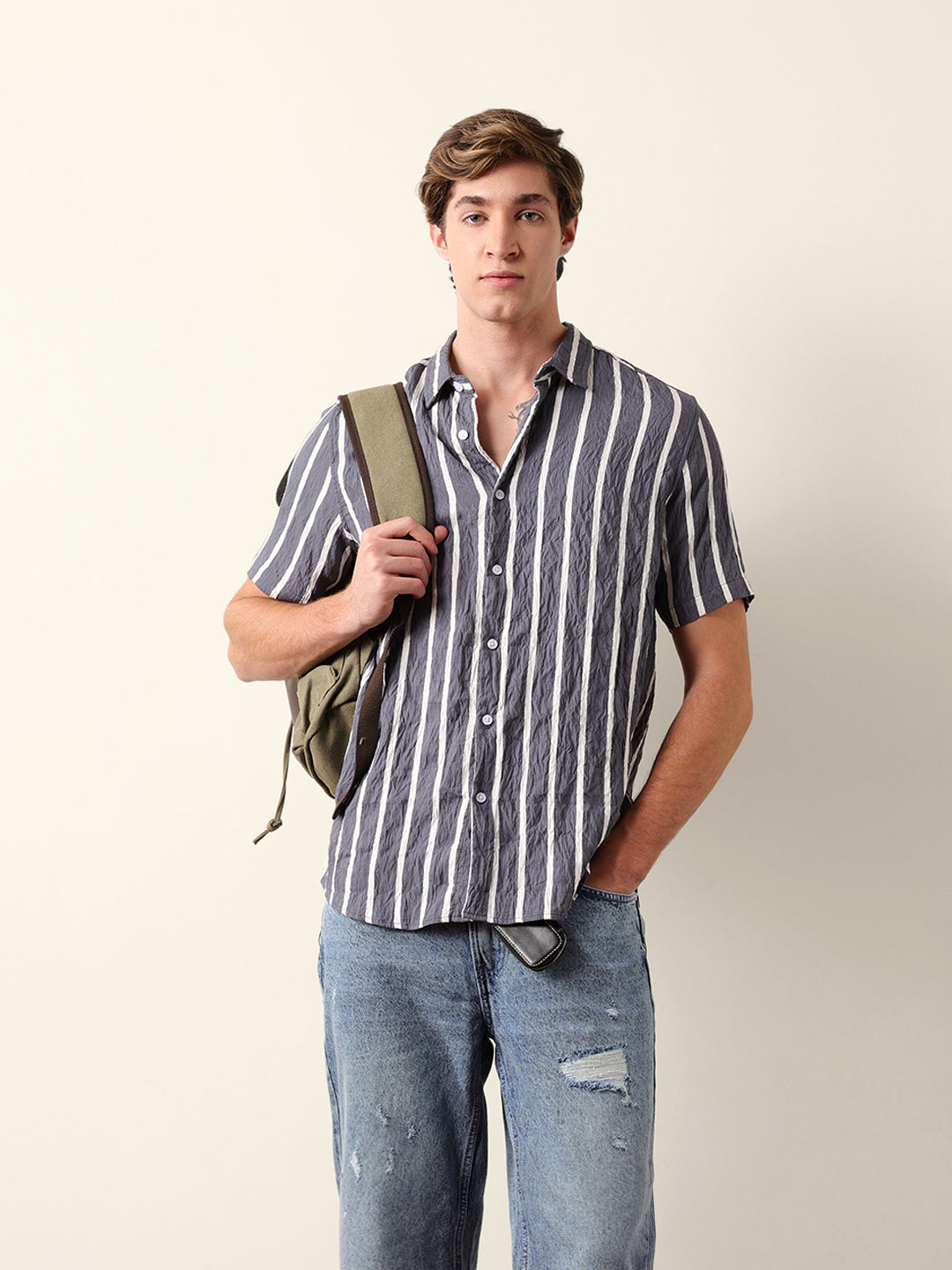 Grey Vertical Stripe Regular Fit Casual Shirt