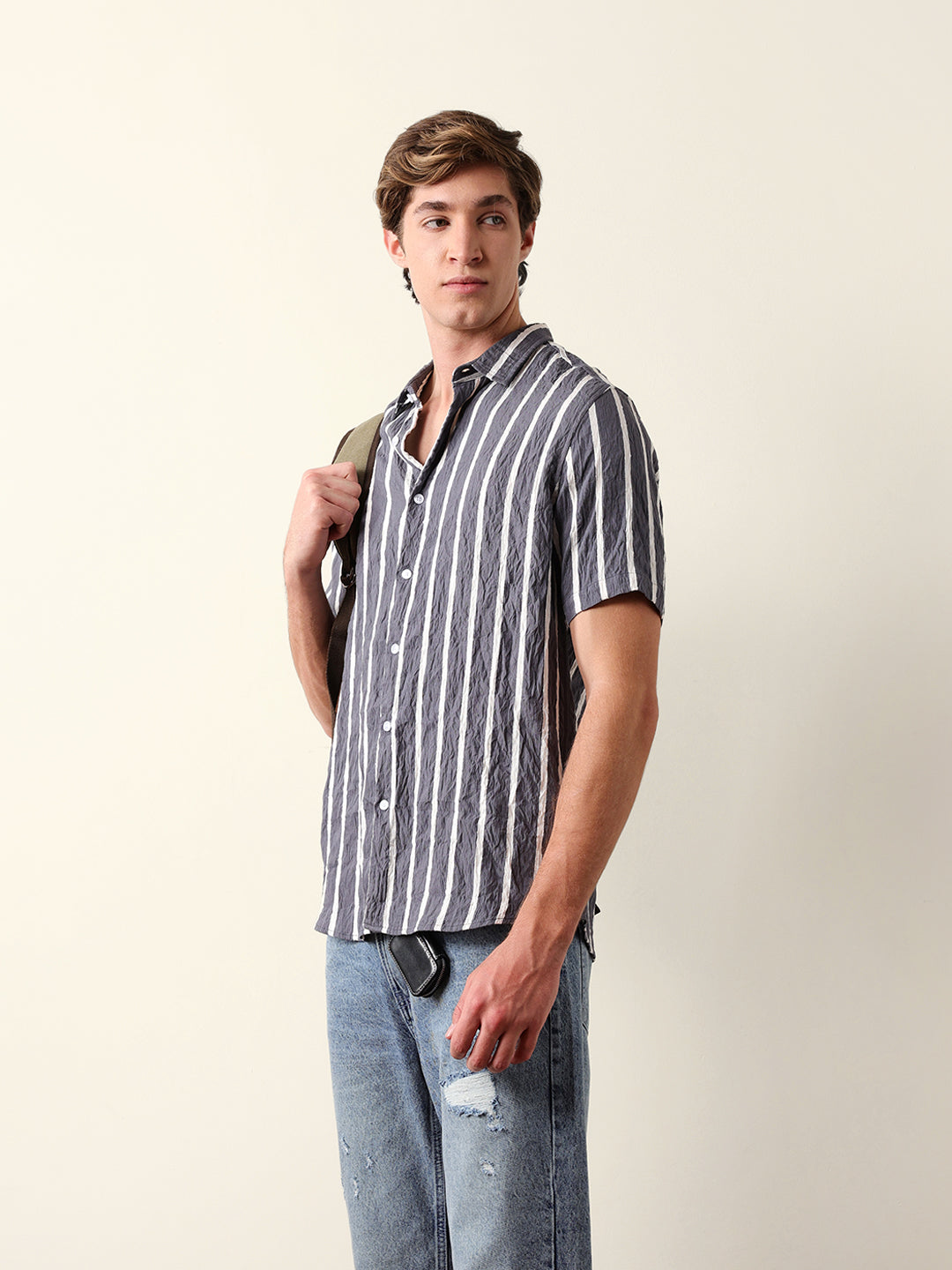 Grey Vertical Stripe Regular Fit Casual Shirt