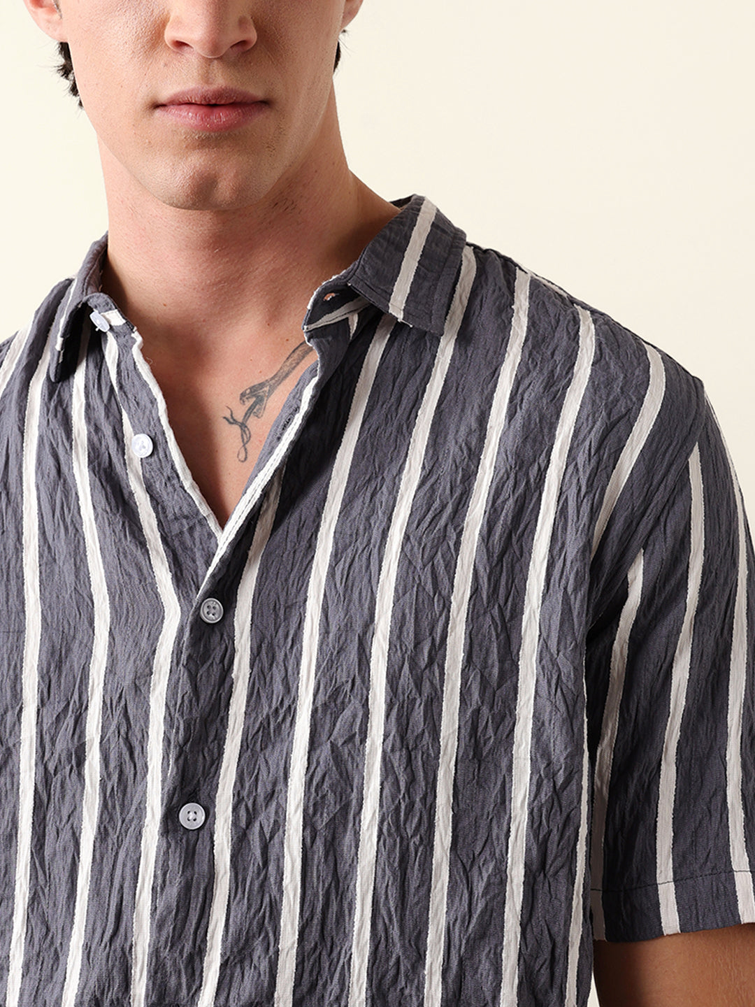 Grey Vertical Stripe Regular Fit Casual Shirt