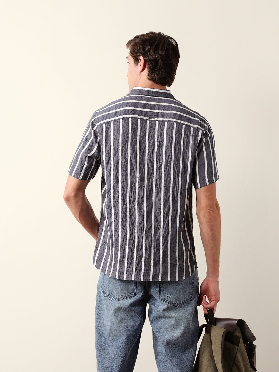 Grey Vertical Stripe Regular Fit Casual Shirt