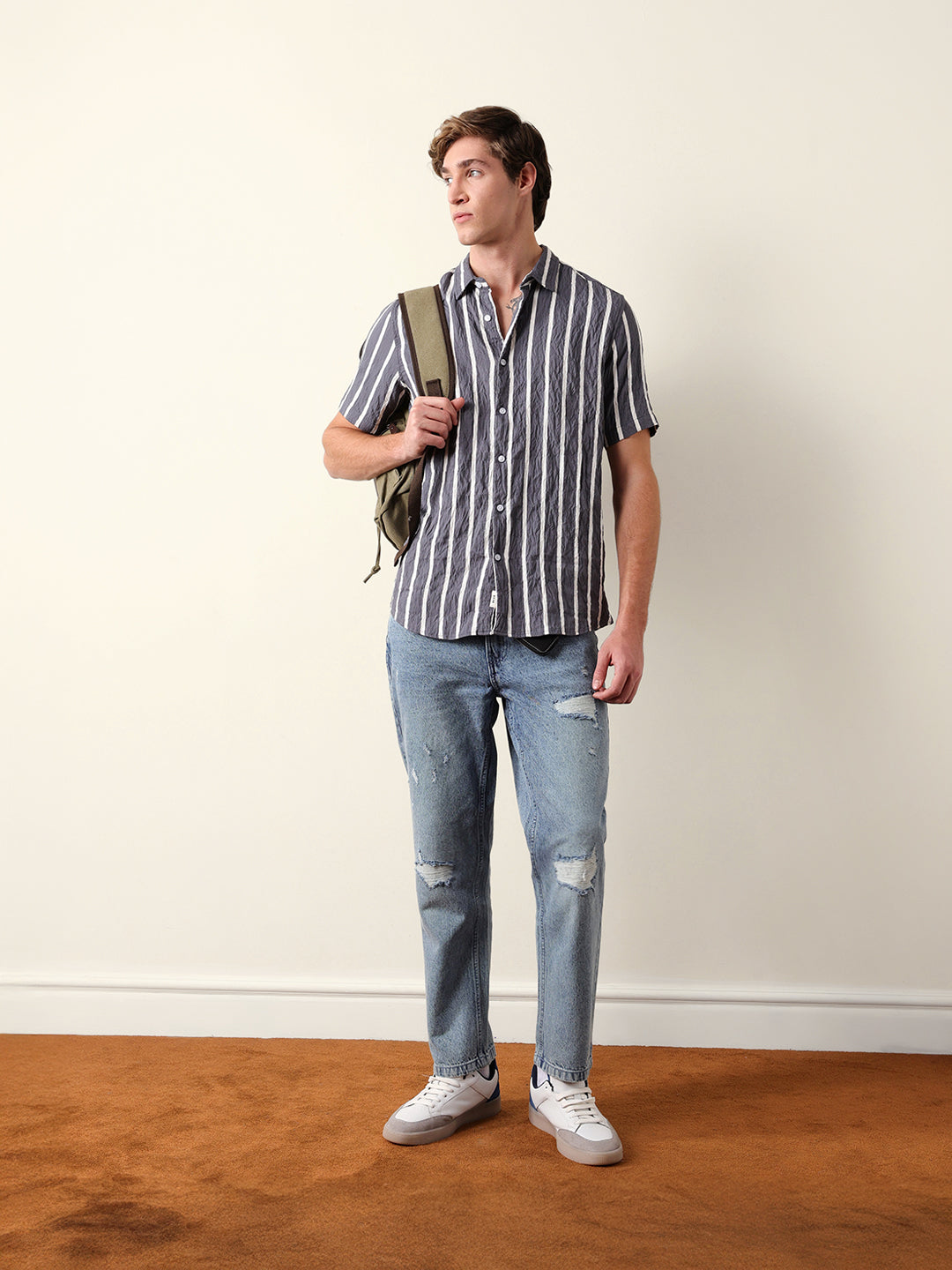 Grey Vertical Stripe Regular Fit Casual Shirt
