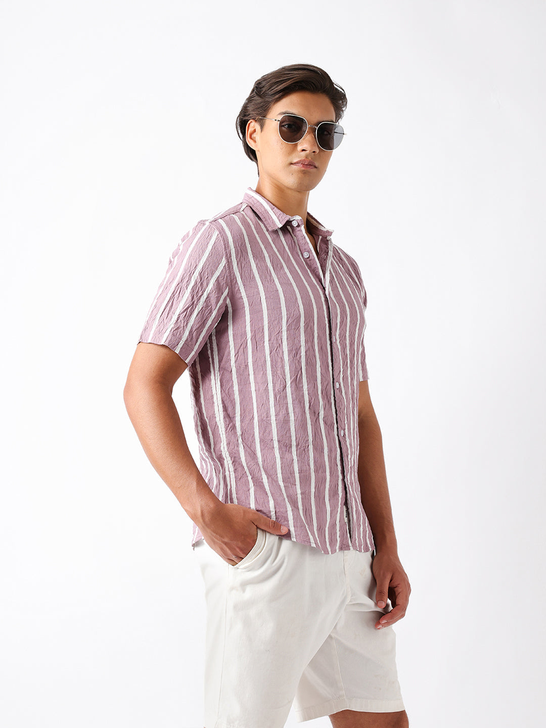 Pink Vertical Stripe Regular Fit Casual Shirt