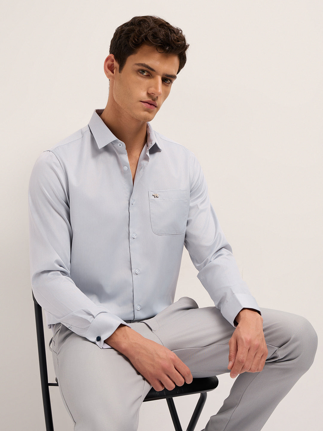 Grey Woven Micro Checks Tailored Fit Formal Shirt