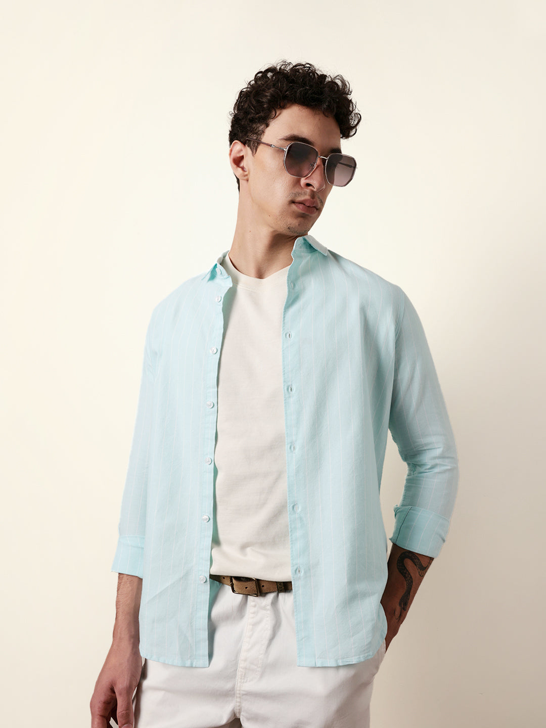 Mint Blue Vertical Woven Stripe Slim Fit Casual Shirt