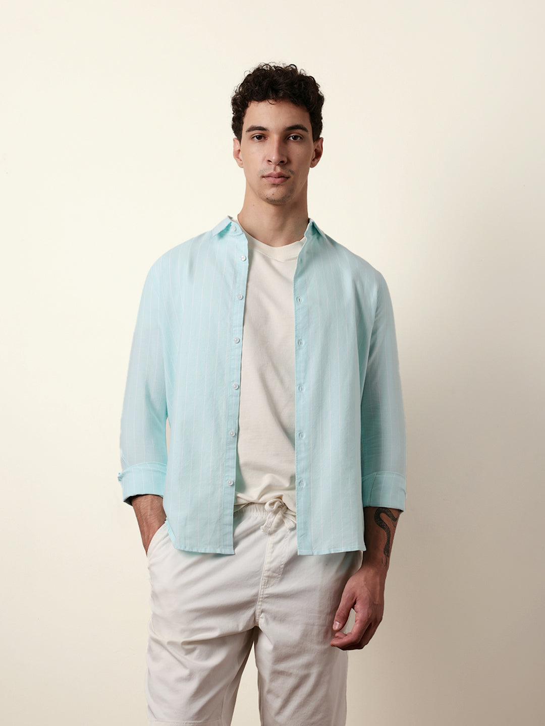 Mint Blue Vertical Woven Stripe Slim Fit Casual Shirt