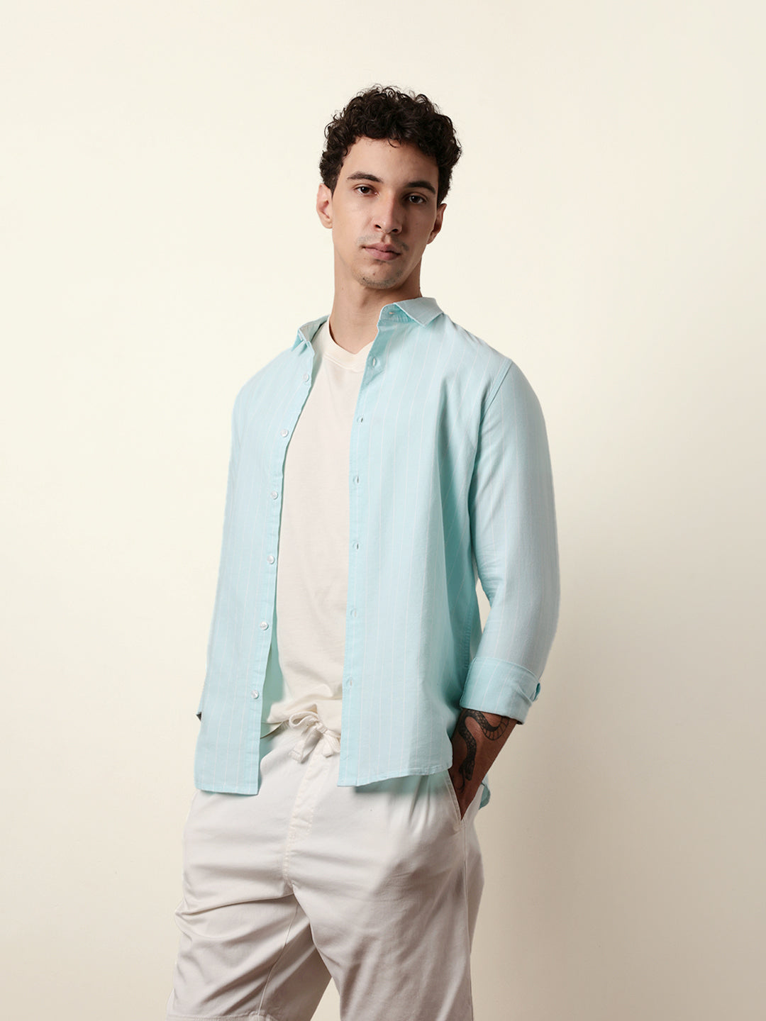 Mint Blue Vertical Woven Stripe Slim Fit Casual Shirt