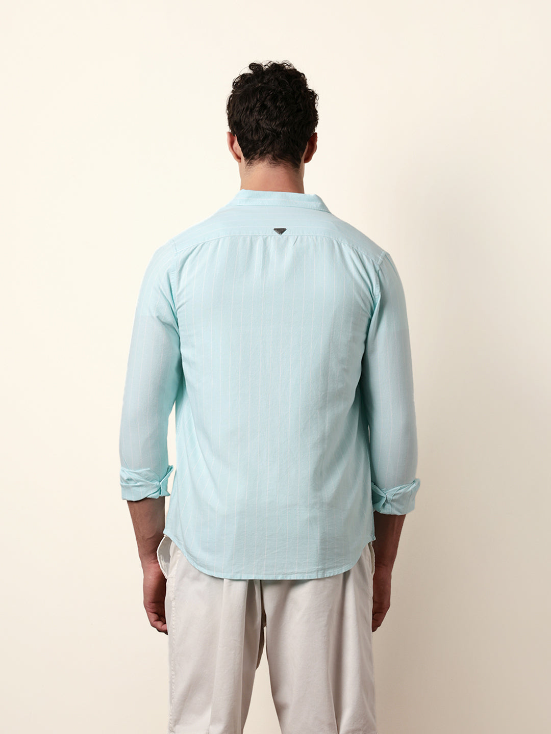 Mint Blue Vertical Woven Stripe Slim Fit Casual Shirt