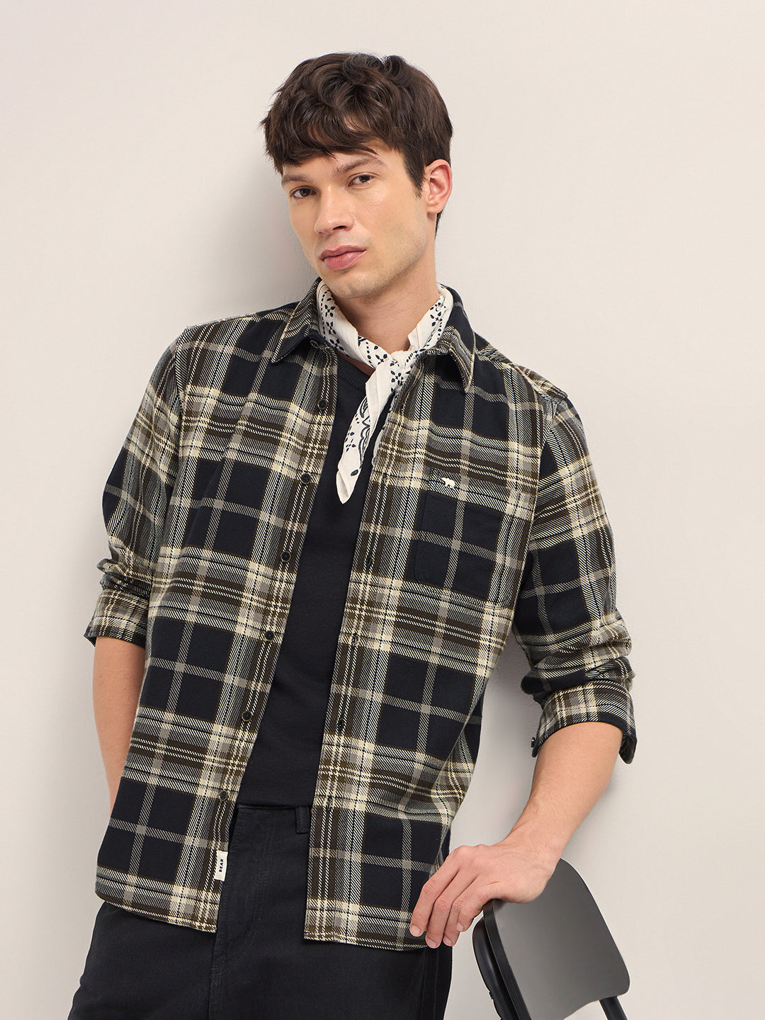 Black & Beige Woven Check Regular Fit Casual Shirt