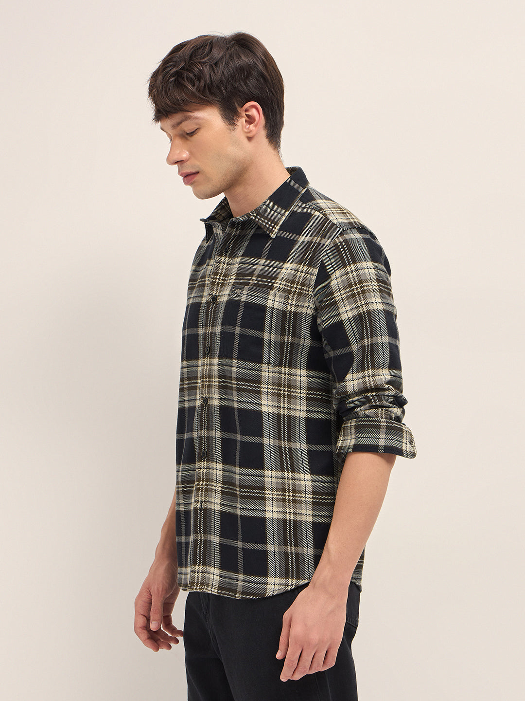 Black & Beige Woven Check Regular Fit Casual Shirt
