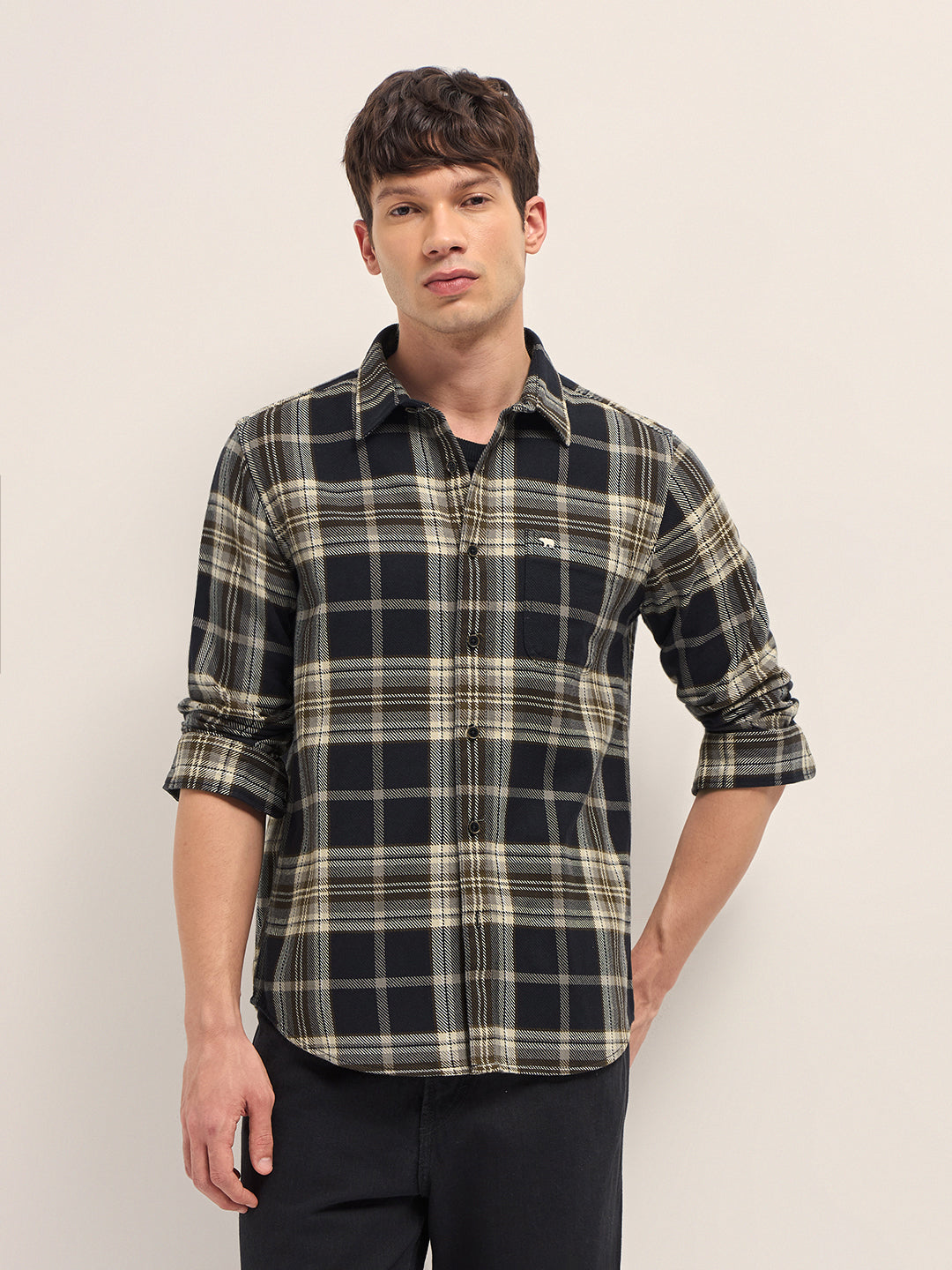 Black & Beige Woven Check Regular Fit Casual Shirt
