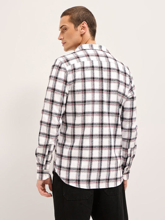White Tartan Checked Flannel Slim Fit Casual Shirt