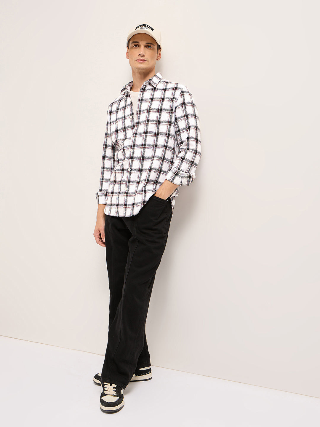 White Tartan Checked Flannel Slim Fit Casual Shirt