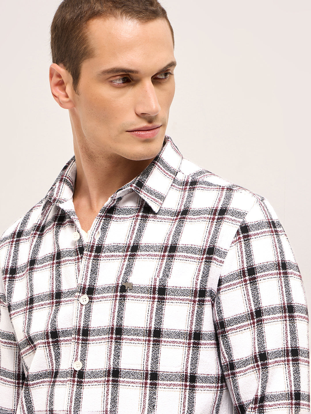 White Tartan Checked Flannel Slim Fit Casual Shirt