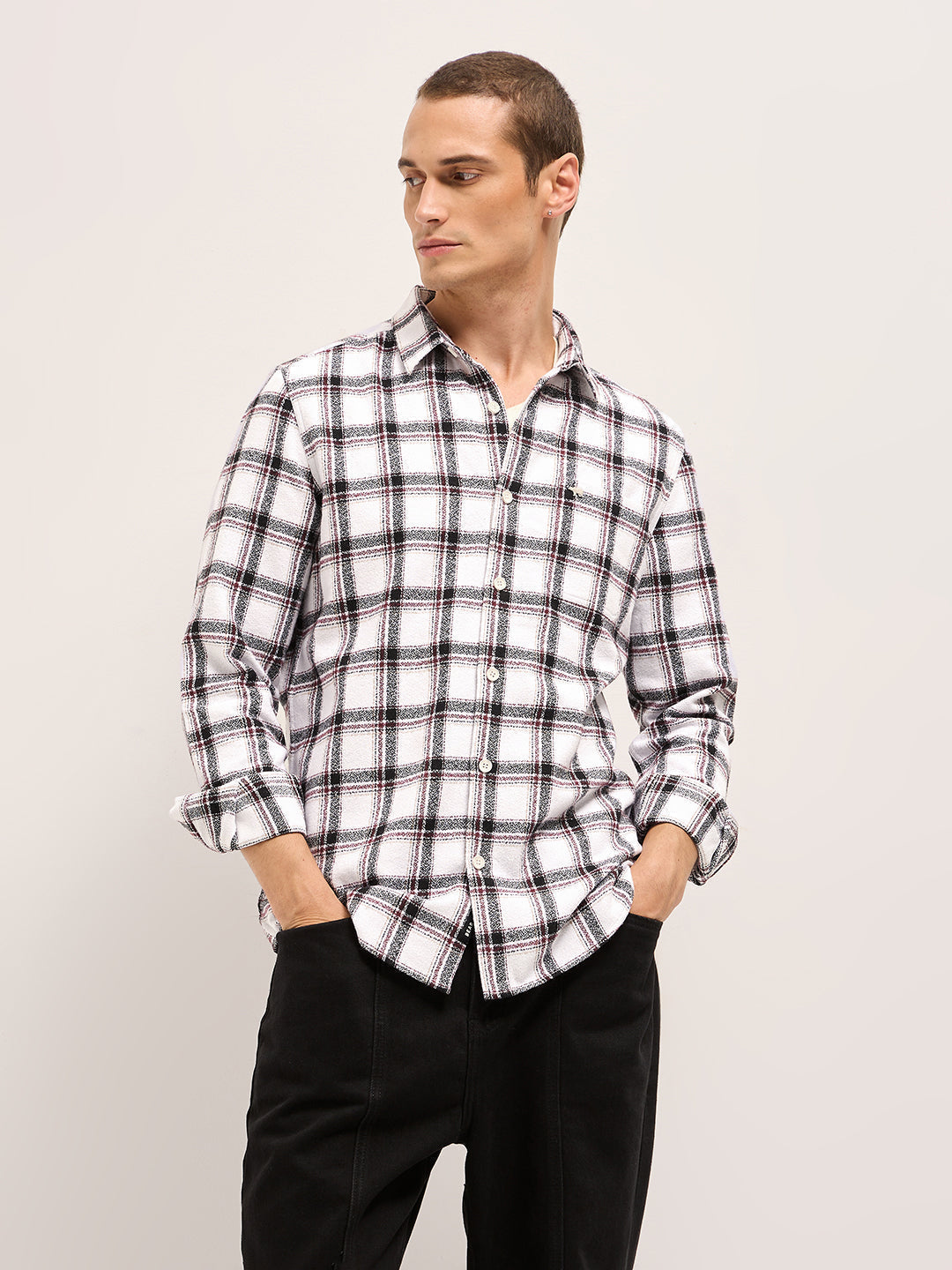 White Tartan Checked Flannel Slim Fit Casual Shirt