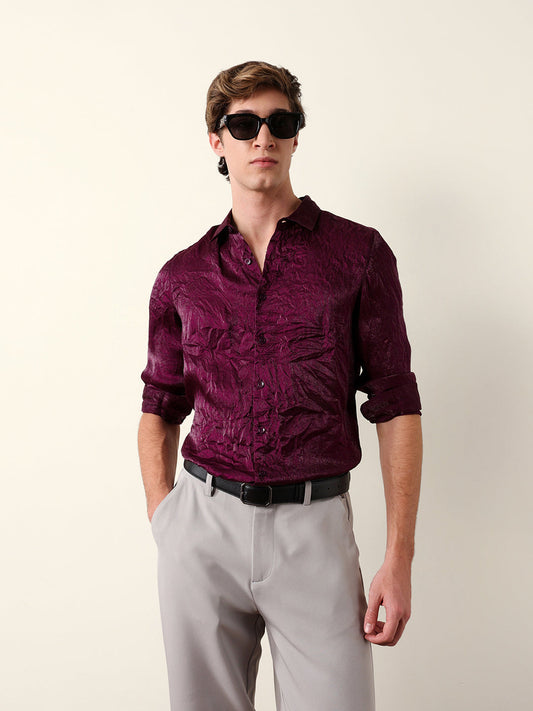 Purple Regular Fit Casual Shirt with Crinkle Effect & Subtle Sheen Finish