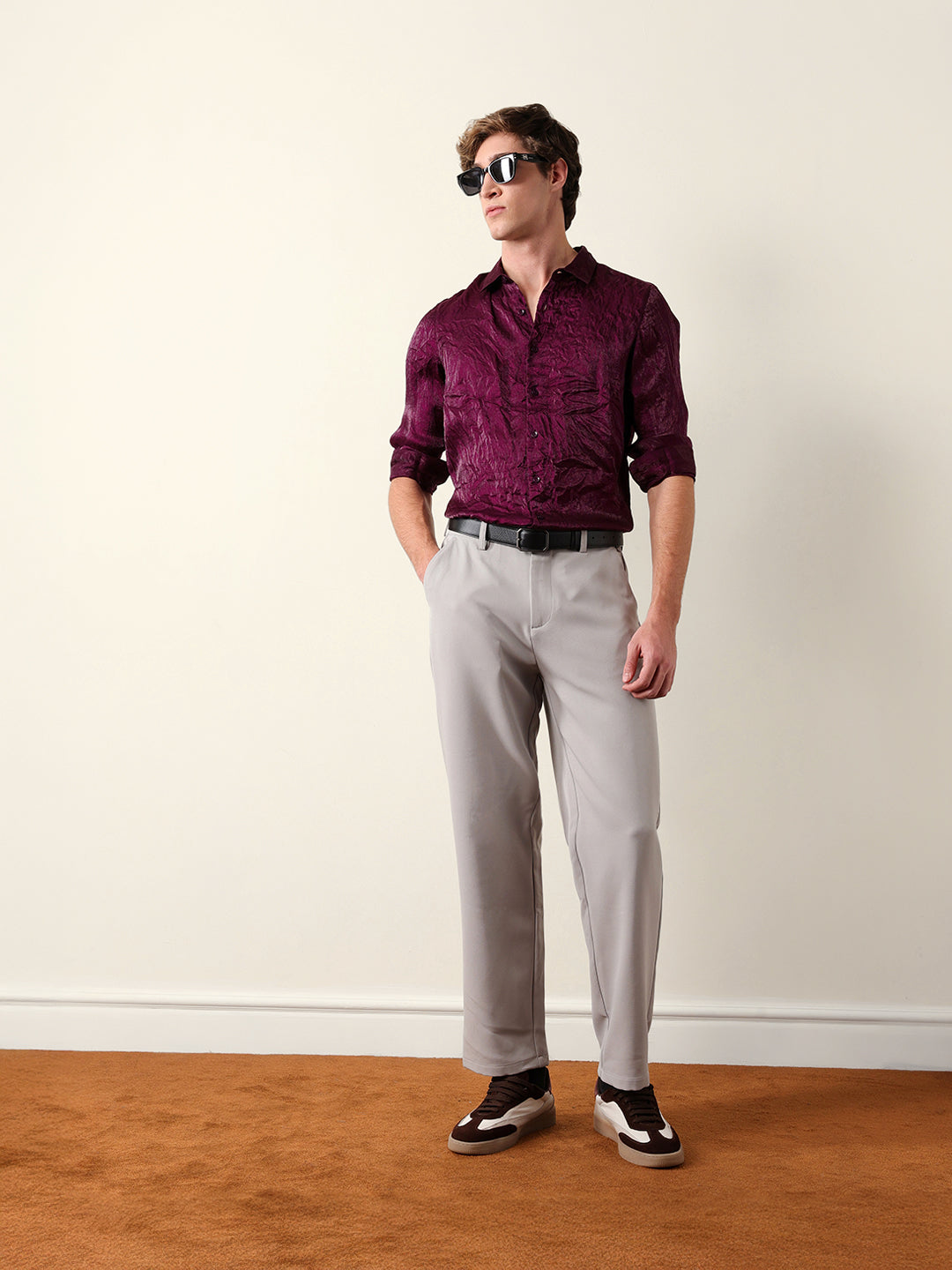 Purple Regular Fit Casual Shirt with Crinkle Effect & Subtle Sheen Finish