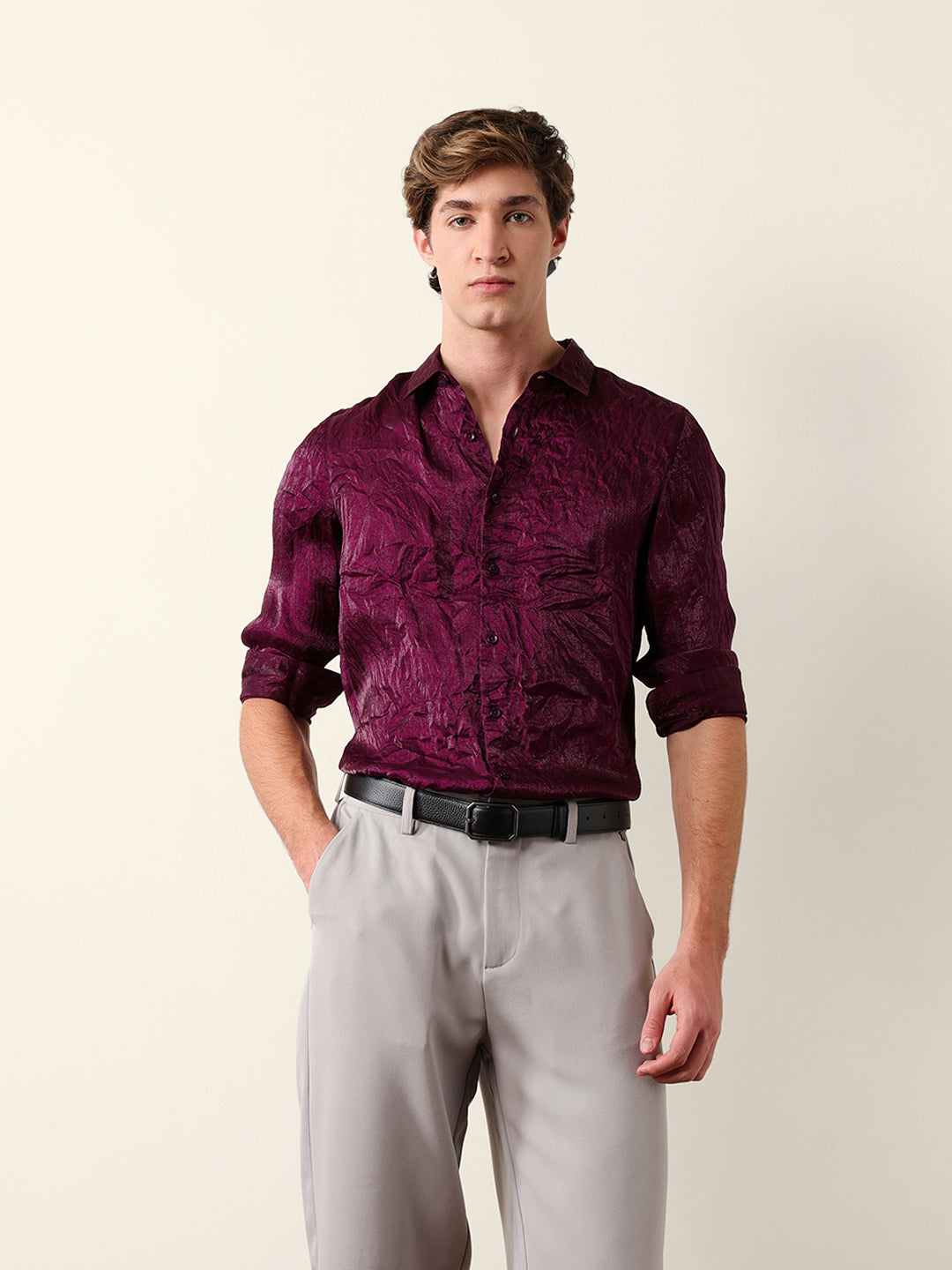 Purple Regular Fit Casual Shirt with Crinkle Effect & Subtle Sheen Finish