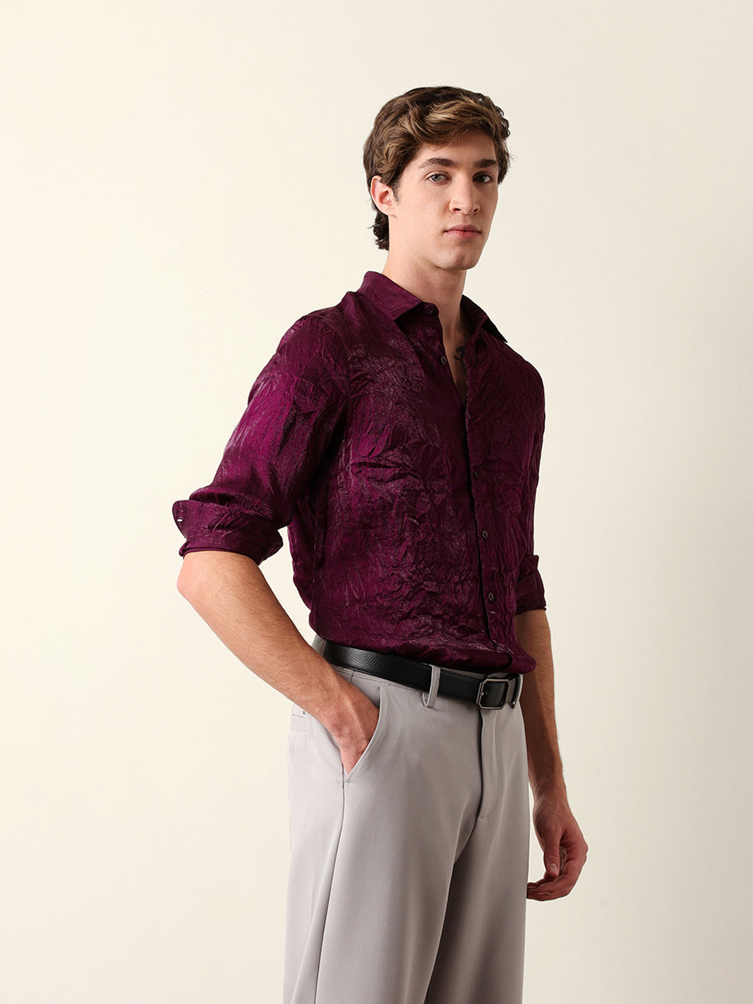 Purple Regular Fit Casual Shirt with Crinkle Effect & Subtle Sheen Finish