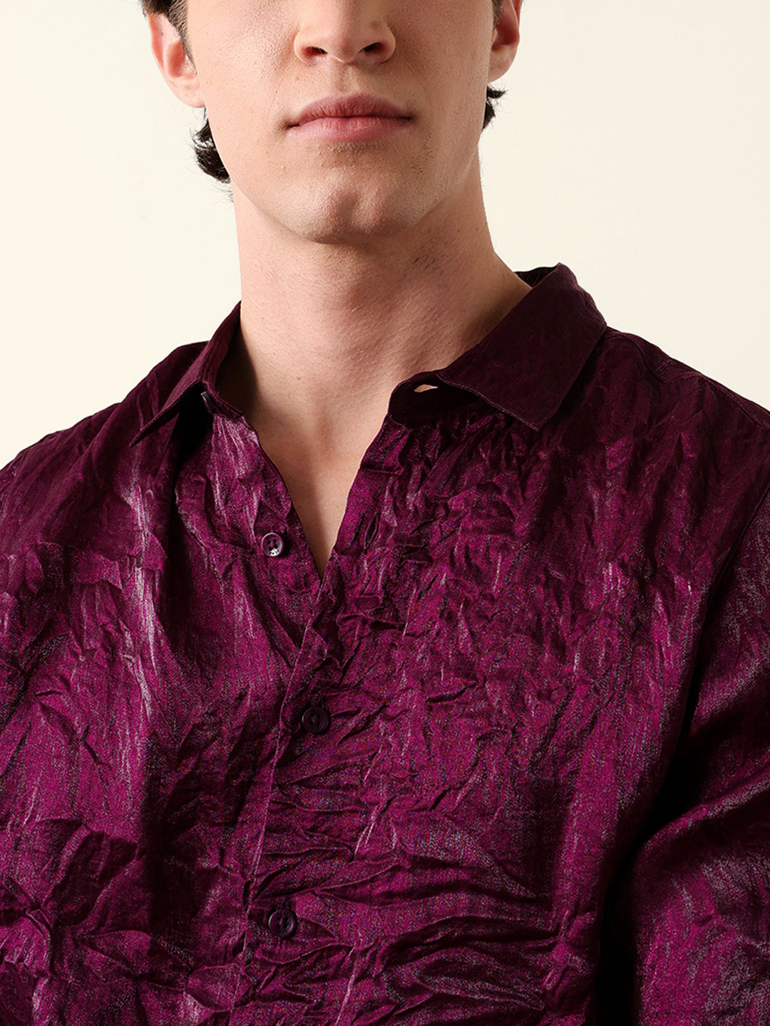 Purple Regular Fit Casual Shirt with Crinkle Effect & Subtle Sheen Finish