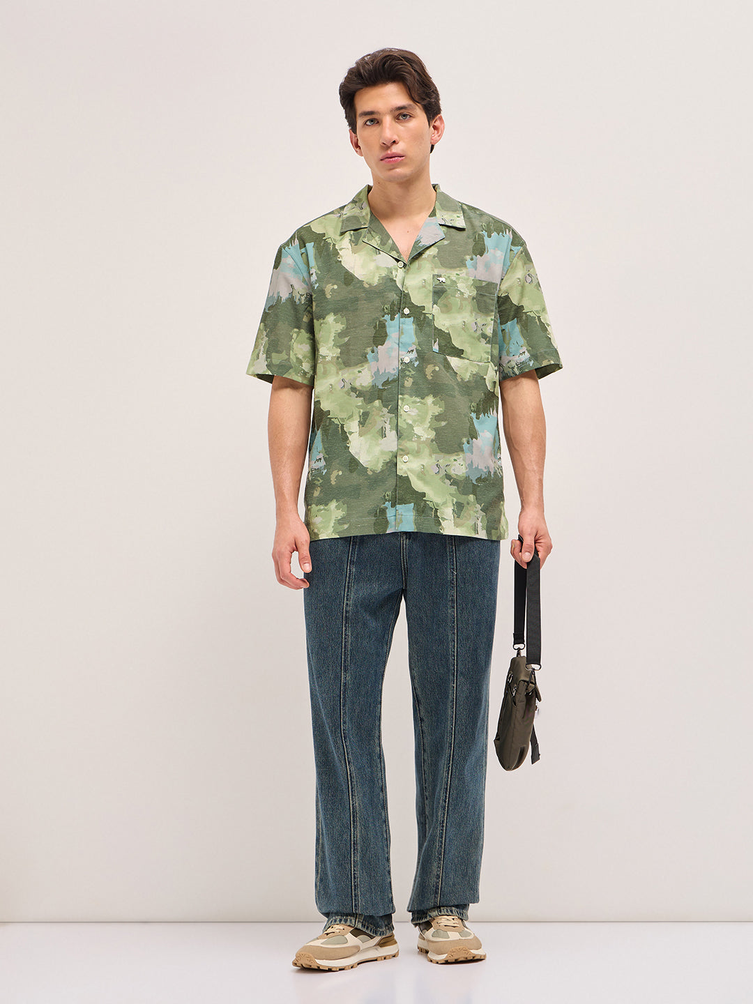 Green Abstract Camouflage Print Oversized Fit Half Sleeve Shirt