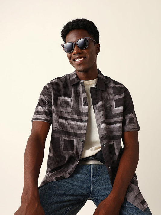 Multicolor Textured Check Geometric Digital Print Relaxed Fit Casual Shirt