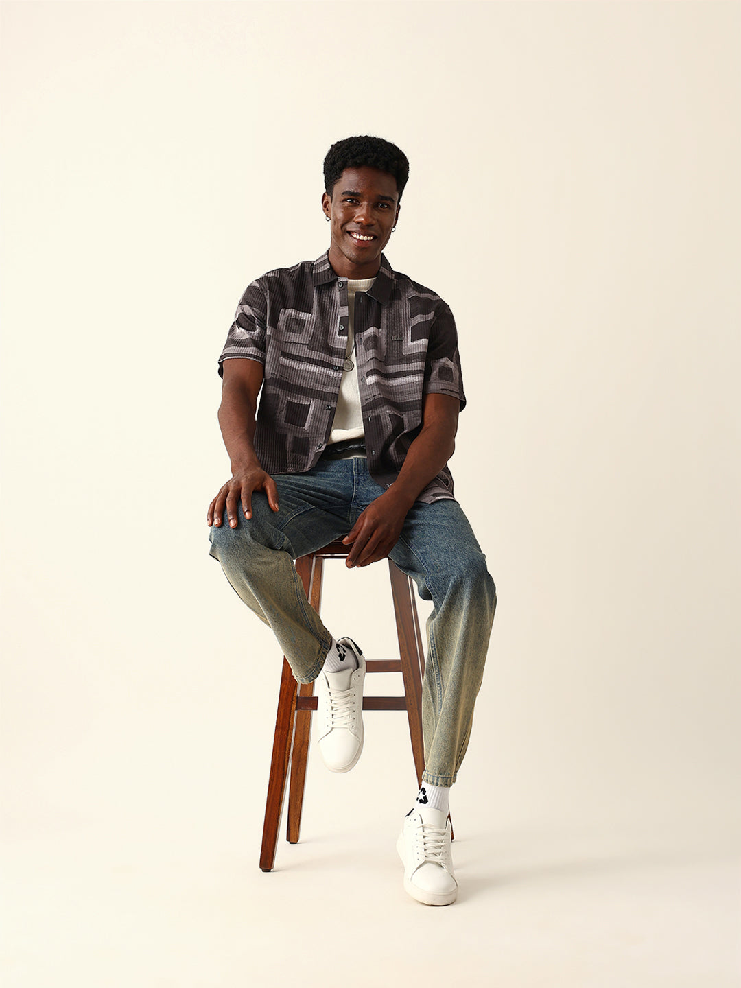 Multicolor Textured Check Geometric Digital Print Relaxed Fit Casual Shirt
