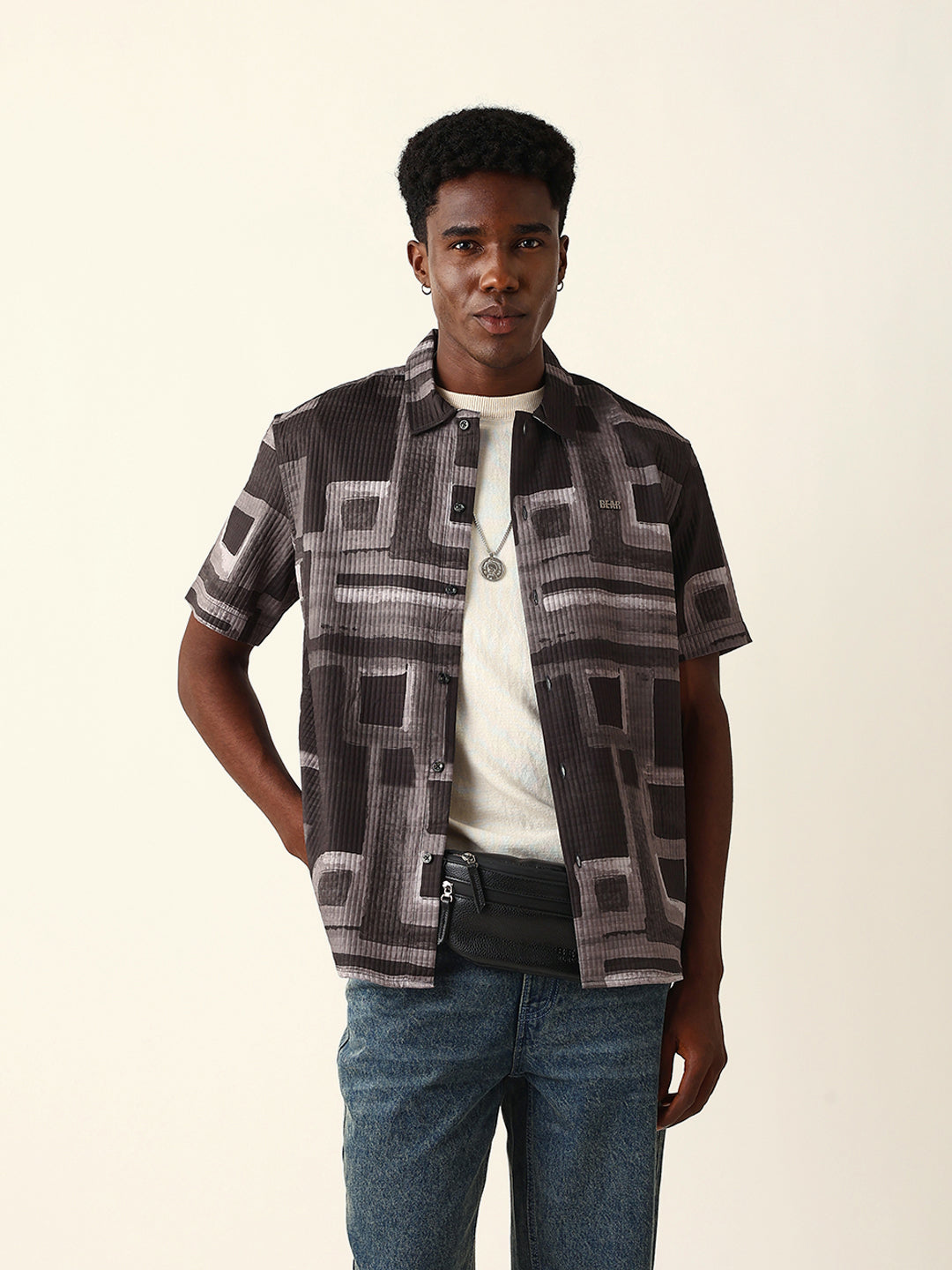 Multicolor Textured Check Geometric Digital Print Relaxed Fit Casual Shirt