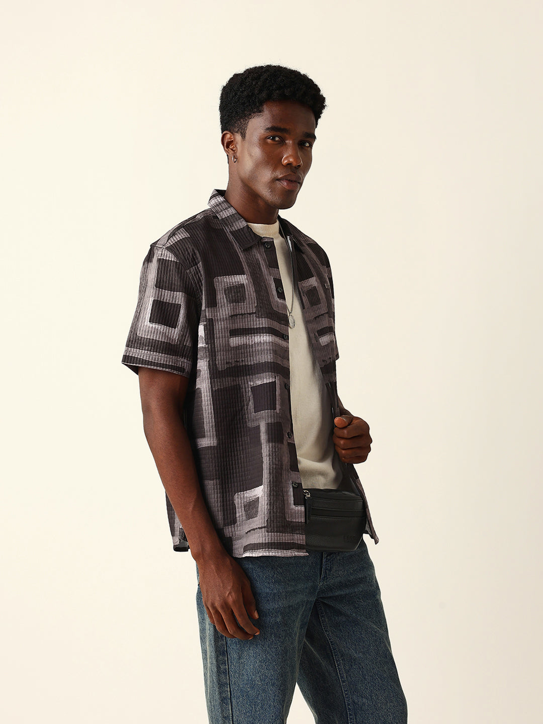 Multicolor Textured Check Geometric Digital Print Relaxed Fit Casual Shirt